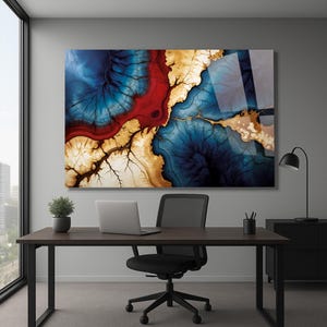 Blue, Red, and Gold Abstract Tempered Glass Wall Art – Luxury Geode-Inspired Modern Home Decor – Custom Sizes