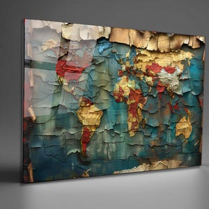 Art mural en verre trempé carte du monde, très grande oeuvre d'art murale, impression UV, décoration murale, vitrail, dosseret en verre trempé, cadeau de bureau à domicile