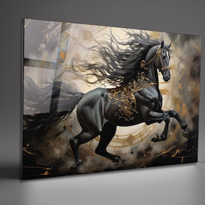 Steampunk Black Horse Tempered Glass Wall Art: Luxury Equestrian Decor