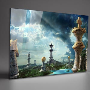 Abstract Chess Land Tempered Glass Wall Art: Extra Large Blue Wall Hanging