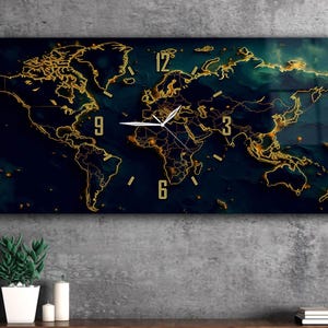 Gehärtetes Glas Wandkunst Wanduhr Weltkarte Extra Große Wandkunst, Glasdruck Wandkunst, Wohnkultur, Geschenkidee, Glas Wandbehang 20 "x 43"