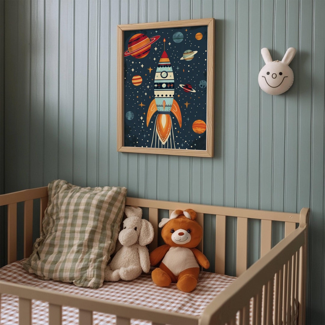 Kids Room Space Decor Wall Art Print Retro Rocket Nursery Art Print ...