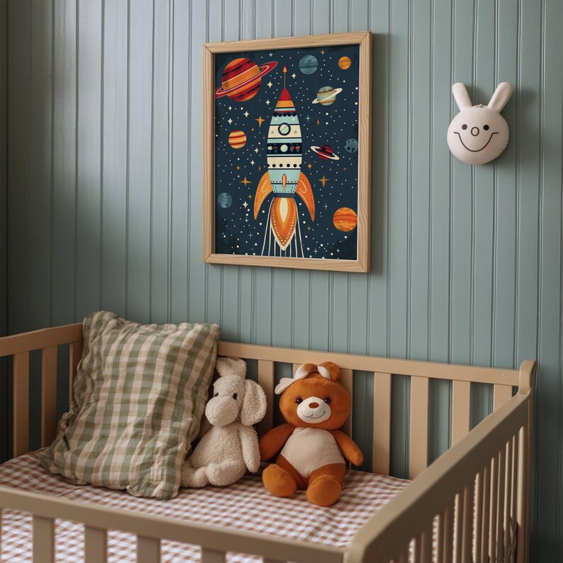 Kids Room Space Decor Wall Art Print Retro Rocket Nursery Art Print ...
