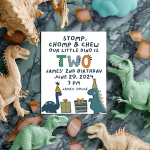 May include: A green and orange dinosaur birthday party invitation with the text "STOMP. CHOMP & CHEW OUR LITTLE DINO IS TWO JAMES' 2ND BIRTHDAY JUNE 29, 2024 3 PM JAMES' HOUSE".