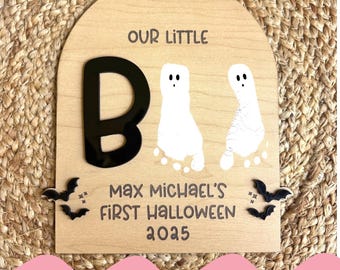 Laser Ready Halloween Sign SVG | “Our Little Boo” Footprint Board | Baby Feet Keepsake | Digital Download | Glowforge, xTool, LightBurn File