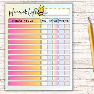 May include: A printable homework log with a cute bee illustration. The log has a space for subject or to-do list and columns for each day of the week: Monday, Tuesday, Wednesday, Thursday, and Friday.
