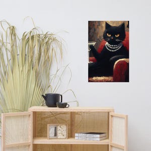 黒猫マティーニアートプリント、気まぐれなカクテルウォールアート、風変わりなバーカートの装飾、エレガントな猫好きへのギフト、面白い猫のプリント、スタイリッシュなバーの装飾
