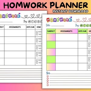 May include: Printable homework planner with a colorful design. The planner has sections for subject, assignments, date due, and done. It also includes a note section and a checklist.