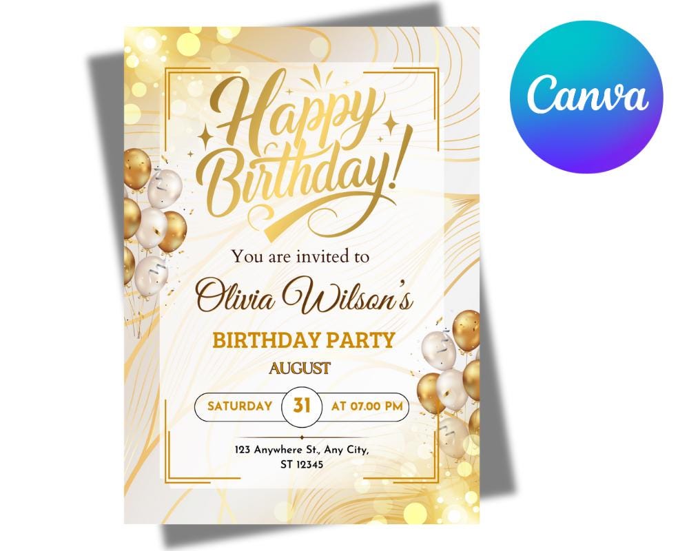 Editable Golden Birthday Invitation Template All Gold Party Invitation