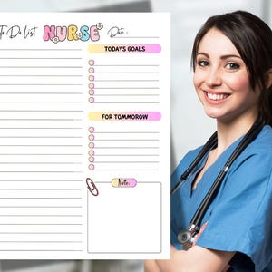 May include: A printable to-do list for nurses with sections for today's goals, for tomorrow, and a note section. The list has a pink, yellow, and blue color scheme with a cartoon nurse hat and the word "NURSE" in colorful letters.