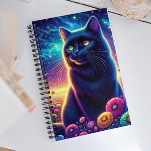 Kattennotitieboek dagboek, grappige zwarte katten bloemen spiraal notitieboekje, zwarte kat cadeaus, kat notitieblok, kattencadeaus voor kattenliefhebbers, spiraal notitieboekje