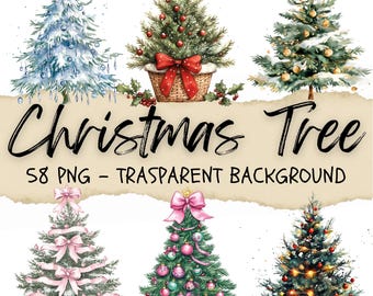 Watercolor Christmas Tree Clipart, Holiday PNG Stickers (58 Files)