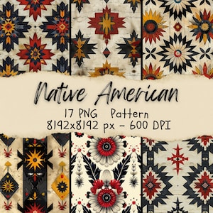 Puede incluir: Un conjunto de 17 patrones de papel digital inspirados en diseños de nativos americanos. Los patrones están en una variedad de colores, incluyendo rojo, amarillo, negro y blanco. Los patrones son perfectos para usar en scrapbooking, creación de tarjetas y otros proyectos de manualidades.