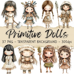 37 Clipart di bambole primitive, opere d'arte indigene, bambole native americane, cartoni animati Navajo, clipart della natività, kit di diario spazzatura