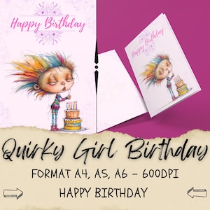 Biglietto d'invito per ragazza stravagante, biglietto di buon compleanno, buon compleanno, inviti stampabili, ragazza divertente con torta, fermagli artistici