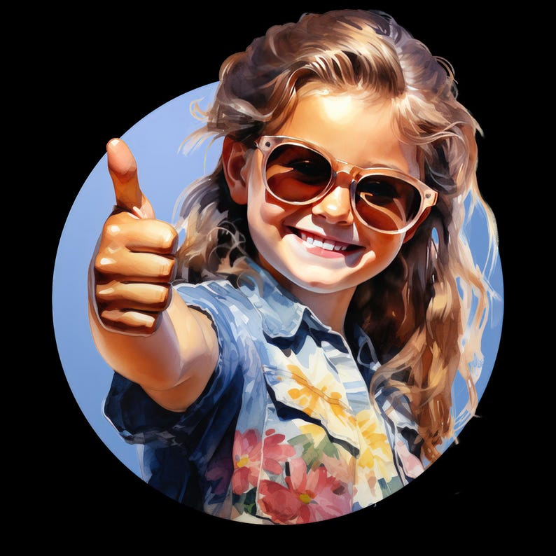 May include: A young person with blonde hair wearing sunglasses and a floral shirt gives a thumbs up. The person is smiling and has a blue background.