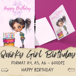 Biglietto di auguri di buon compleanno, Buon compleanno, Biglietto di invito per ragazza stravagante, Inviti stampabili, Ragazza divertente con torta, Clip artistiche