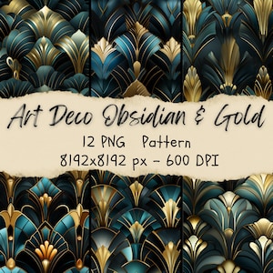 12 Art Deco Pattern, Art Deco Gold and Obsidian Wrapping Paper, Repeating Geometry Pattern, Roaring 20s Wallpaper