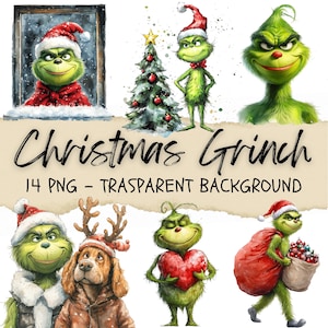 14 Grinch Clipart, Grinch Clip Art, Weihnachtsmann, Weihnachten Clipart, Urlaub Clip Art, Aquarell Aufkleber, Junk Journal