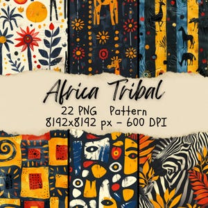 Może przedstawiać: Zestaw 22 cyfrowych wzorów bez szwów z afrykańskimi motywami plemiennymi. Wzory obejmują kształty geometryczne, zwierzęta i rośliny w żywej palecie kolorów żółtego, czerwonego, niebieskiego i czarnego. Wzory mają rozmiar 8192x8192 pikseli i 600 DPI.