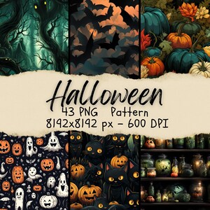 43 Halloween Pattern, Halloween Carving Patterns, Punpkin Wrapping Paper, Repeating Ghost, Bat, Potion, Instant Download