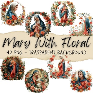 42 Vergine Maria con Clipart floreale, Madre Maria Png, Opera d'arte cristiana, Clipart della Bibbia, Arte digitale del paradiso, Junk Journal
