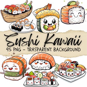 95 sushi clipart, Aziatisch eten, Japans eten, restaurant clipart, schattige sushi kawaii, sojasaus, stickers dinermenu