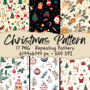 May include: A set of 17 digital Christmas patterns featuring various festive designs. The patterns include illustrations of reindeer, Santa Claus, Christmas trees, ornaments, candy canes, gingerbread houses, and more. The patterns are perfect for creating holiday-themed crafts, decorations, and printables.