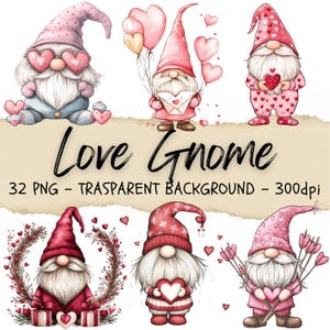 32 Gnome Valentinstag Cliparts, Happy Valentines Day Doodles, Liebe Gnome Png, Herz Fantasy Illustration, Junk Journal Kit