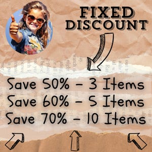 May include: A brown and tan textured background with the text "FIXED DISCOUNT" in black. Below the text is a list of discounts: "Save 50% - 3 Items", "Save 60% - 5 Items", and "Save 70% - 10 Items".