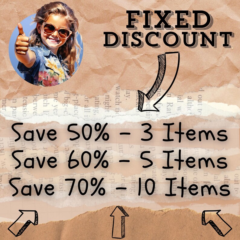 May include: A brown and tan textured background with the text "FIXED DISCOUNT" in black. Below the text is a list of discounts: "Save 50% - 3 Items", "Save 60% - 5 Items", and "Save 70% - 10 Items".
