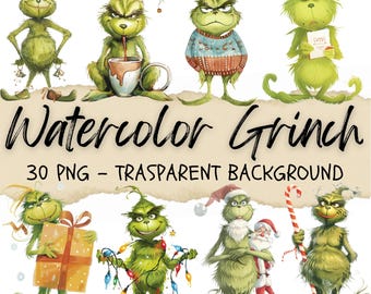 30 Grinch Watercolor Clipart, Christmas Holiday Stickers (Digital Download)