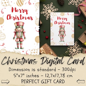 Tarjeta de Navidad benéfica, tarjeta de invitación de Navidad, feliz año nuevo, invitaciones imprimibles, soldado cascanueces y vaca, regalo digital