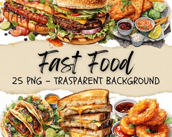 Clipart acquerello di fast food, hamburger, pizza, ciambella (25 PNG)