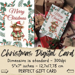 Tarjeta de Navidad benéfica, tarjeta de invitación de Navidad, Feliz Año Nuevo, invitaciones imprimibles, regalo digital de vaca de las Tierras Altas y Papá Noel