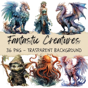 36 fantasiewezens, mythisch wezen clipart, mythologie clipart, monster png, draak, eenhoorn, Fantastic Junk Journal