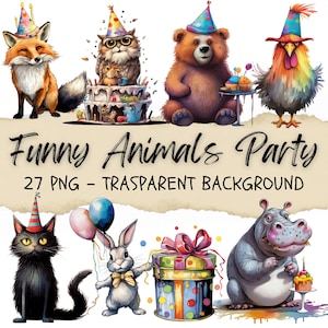 27 Clipart di animali da festa, Clipart di compleanno di animali, Orso Elefante Panda Leone Volpe Cane Gatto Rubbit Regalo, Diario di adesivi