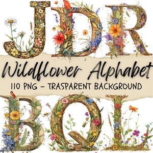 110 alfabetos florales, fuente floral, letras prediseñadas, flores silvestres png, estilo campestre, pegatinas de otoño, diario basura