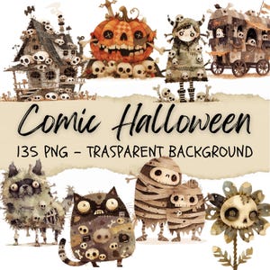 135 Comic Halloween Clipart, Happy Halloween Clipart, Dracula, Bat, Pumpkin, Ghost, Monsters, Spooky Season, Junk Journal