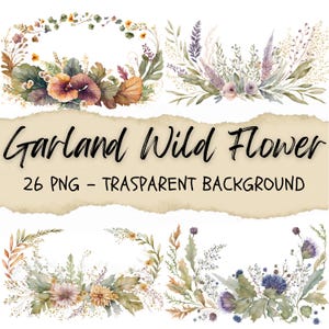 26 Clipart de collection guirlande de fleurs aquarelle, fleurs sauvages, clipart floral, prairie, bordure de botanique, journal végétal