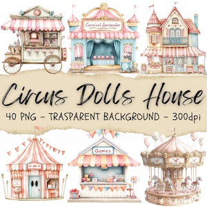 40 Clipart de poupée maison du cirque, clipart artistes de cirque, oeuvres de poupées, maison de dessin animé rétro, kit de journal indésirable