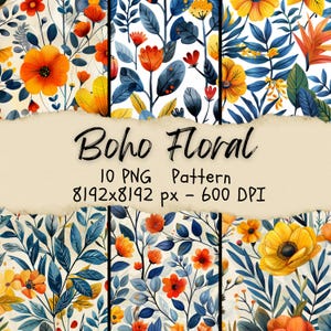 10 motivi floreali Boho, carta da regalo floreale, motivi floreali ripetuti, prodotti botanici Boho ad acquerello, carte per decoupage
