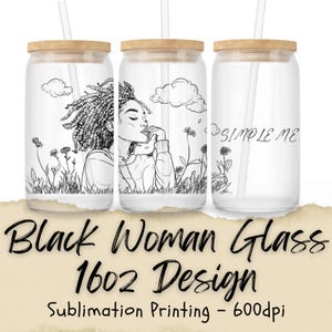 May include: Three clear glass tumblers with bamboo lids and straws. The tumblers feature a black and white line drawing of a woman with her eyes closed, surrounded by flowers and a cloud with the word "Simple Me" on one of the tumblers.