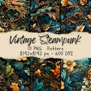 May include: A seamless pattern featuring intricate gold and teal floral designs with a steampunk aesthetic. The pattern is perfect for digital scrapbooking, crafting, and other creative projects.