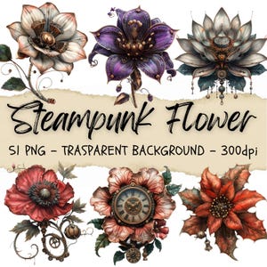 51 Steampunk bloemen, steampunk bloem clipart, industriële clipart, AI Art, botanische clipart, stickers, junk Journal Kit