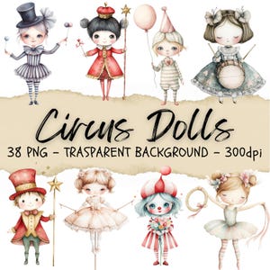38 cliparts poupée cirque, clipart artistes de cirque, oeuvres d'art de poupées, dessin animé, clipart rétro, Junk Journal