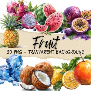 30 Fruit Clipart, Fruits Png, Clip Art Grapes, Pineapple, Mango, Lemon, Apple, Strawberry, Vegan Stickers, Junk Jurnal