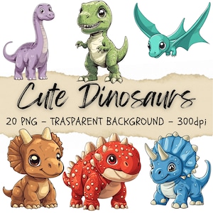 20 Baby Dinosaur Clipart, Cartoon Dinosaur, Dino Png, Tyrannosaurus Rex, Reptile Png, Junk Journal Kit, Commercial Use