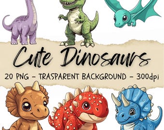20 Baby Dinosaur Clipart, Cartoon Dinosaur, Dino Png, Tyrannosaurus Rex, Reptile Png, Junk Journal Kit, Commercial Use