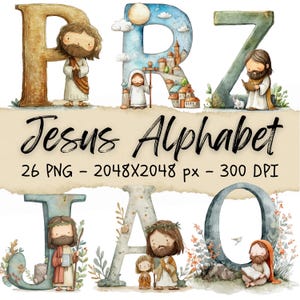 Puede incluir: Ilustración en acuarela del Alfabeto de Jesús. La imagen presenta las letras P, R, Z, J, A y O, cada una adornada con figuras y elementos religiosos. El texto "Jesus Alphabet" se muestra de forma destacada, junto con detalles técnicos.